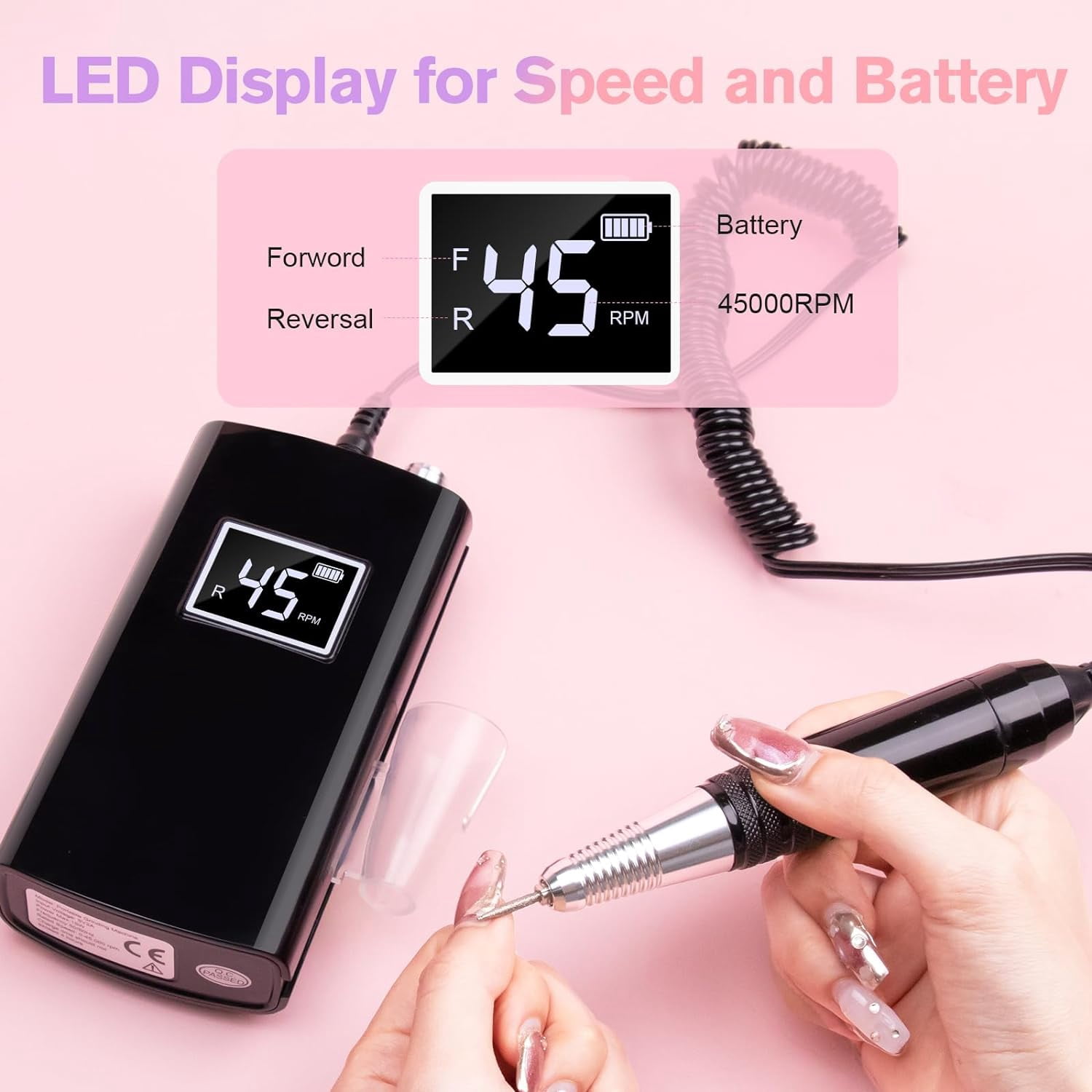 45000RPM Cordless Nail Drill, Professional Electric Nail File Kit with 11 Bits & LCD Display for Salon and Home Use