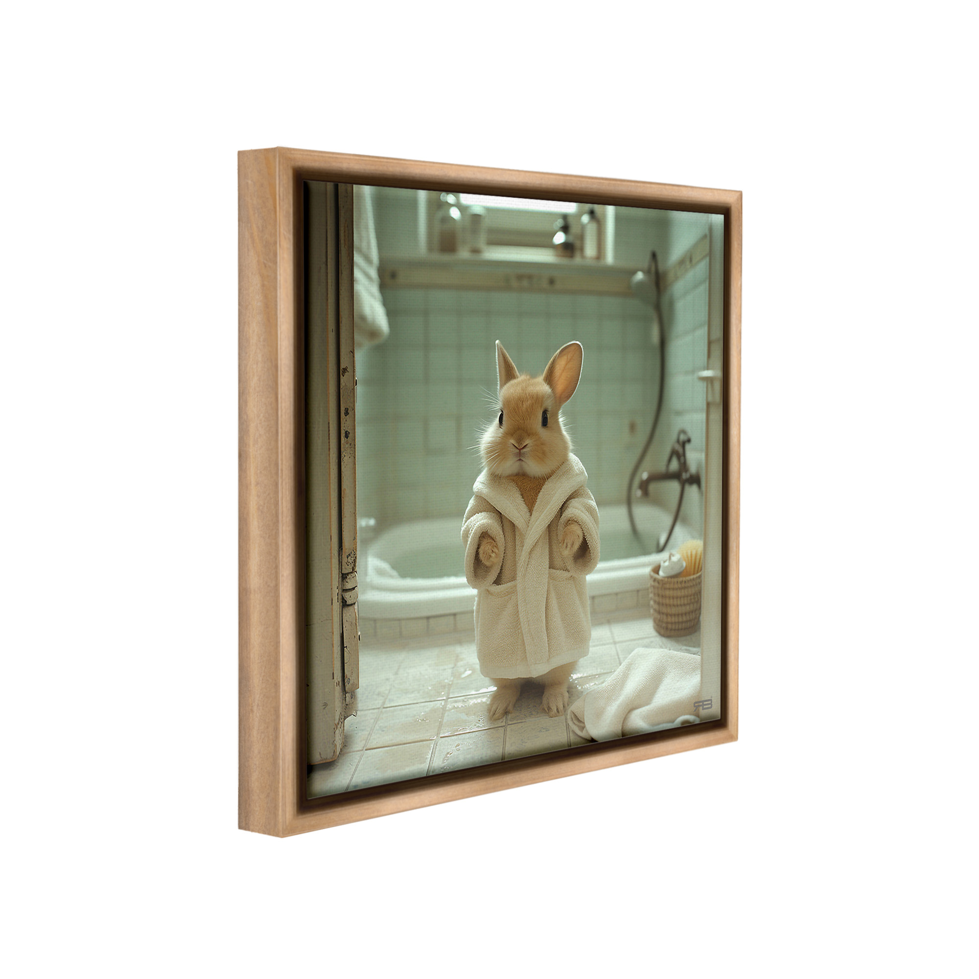 Stupell Industries Bunny in Bathrobe Animals & Insects Painting Brown Floater Framed Canvas Art Print Wall Art, 25 x 25