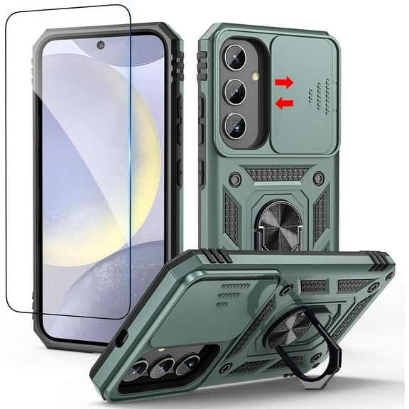 for Samsung Galaxy S24 Case with Screen Protector   Slide Camera Cover   360° Rotated Ring Magnetic Kickstand, Heavy Duty Shockproof Full Body Protective Cover for Samsung S24 6.2 inch Green