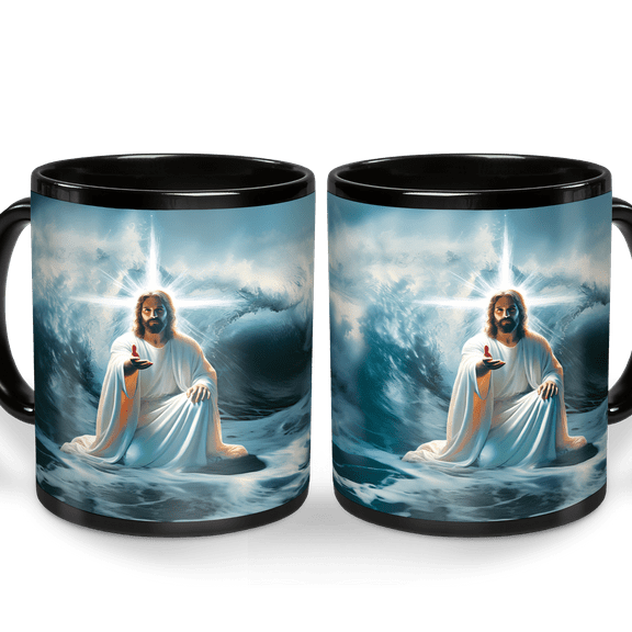 Lotusprinthandmade Jesus Christian Focus On Me Not The Storm Black Ceramic Mug (11oz) (Made In US), Faith-Inspired Coffee Mug, Jesus-Themed Ceramic Mug