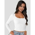 thumbnail image 4 of Female Long Sleeve Crop Top Square Neck Going Out Tops Cute Ribbed Knit Bow-Knot Lace Patchwork T Shirts White M, 4 of 9