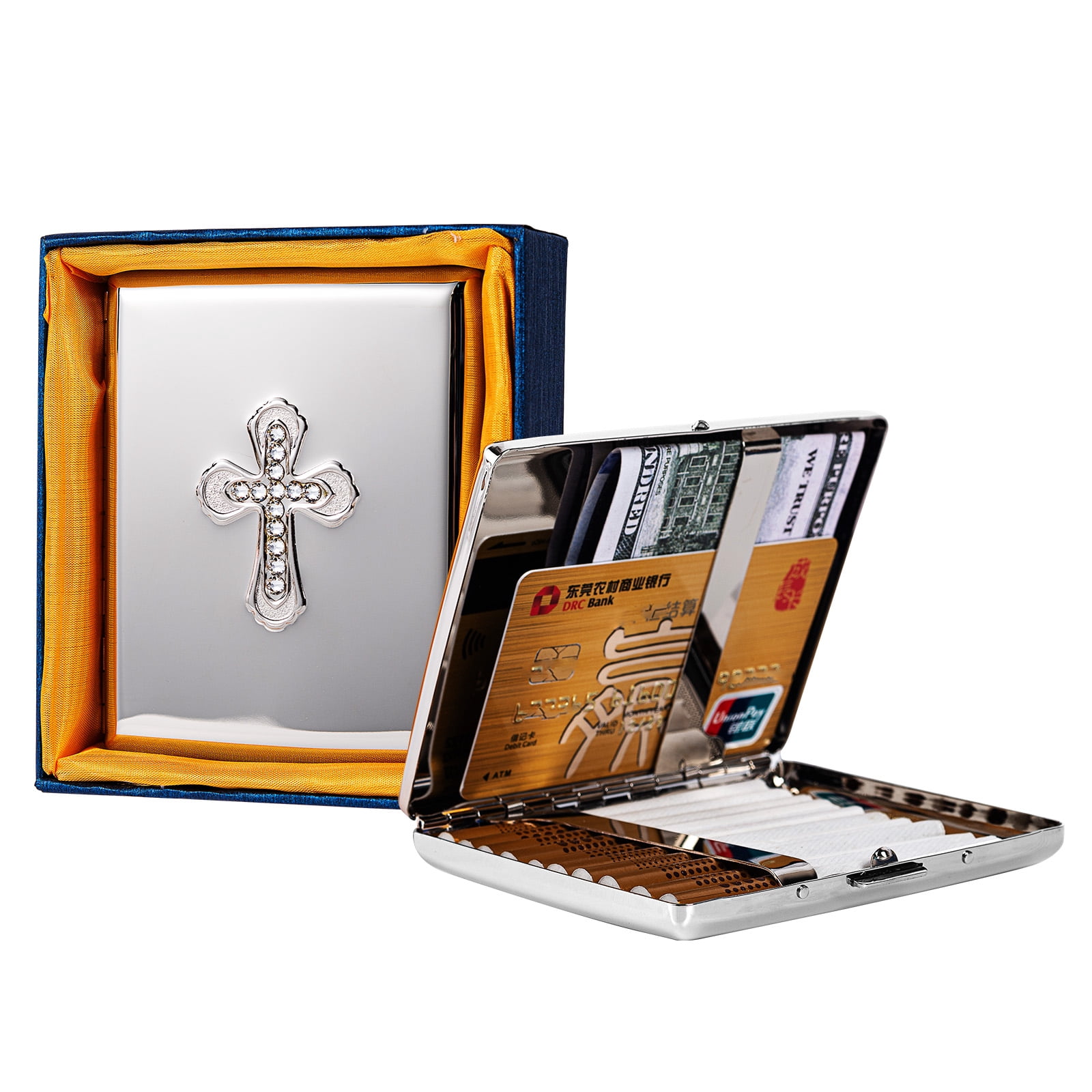 Fashionable and Exquisite Swarovski Cross Metal Vintage Cigarette Case for  Men and Women - Holds 20pcs 100's Cigarettes - RFID Credit Card Holder  (Silver)