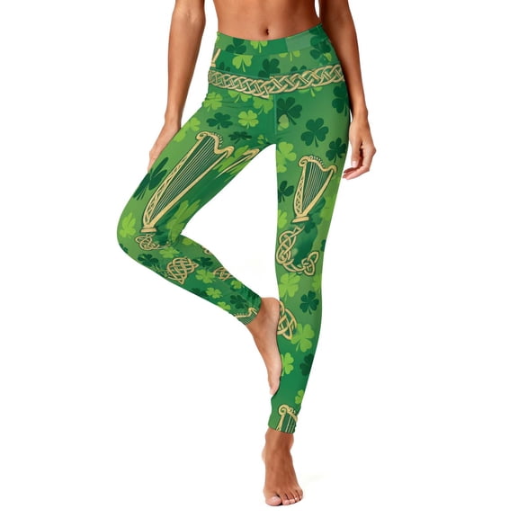 AHTJRT St.Patrick's Day Leggings for Women Fashion Violin Patterns Printed Trousers Stretchy High Waist Buttery Soft Pants Green S