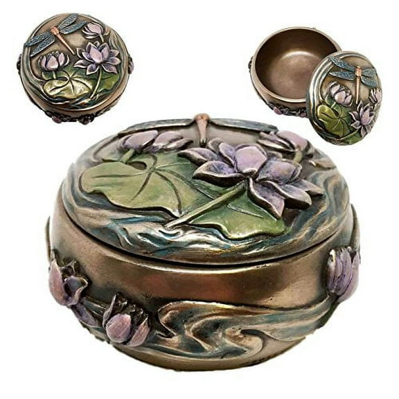 Dragonfly Flitting Lily Over The Pond Round Jewelry Box Trinket Keepsake Figure