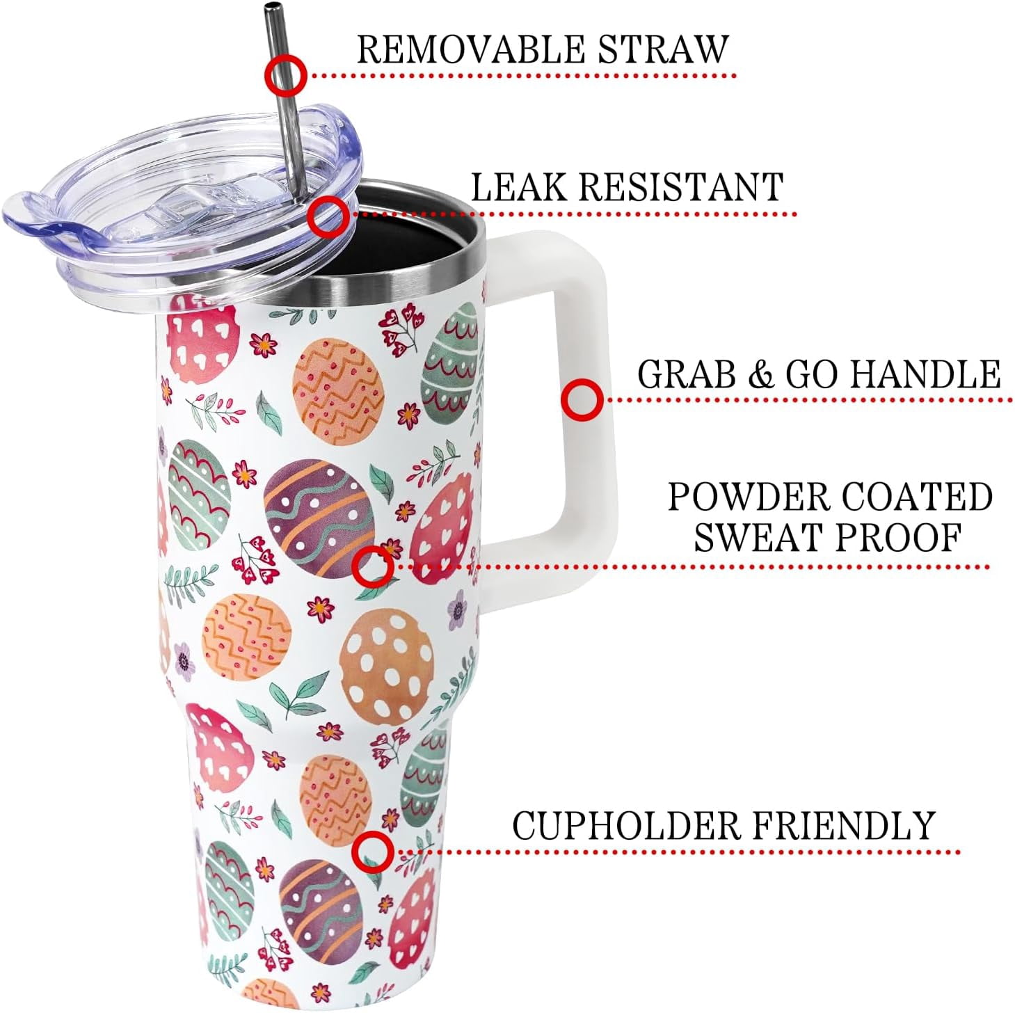Easter Tumbler with Handle and Straw Lid 40 oz,Cute Easter Spring Gift for Women Men Eggs Floral Vacuum Insulated Leak Proof Stainless Steel Coffee Cup Mug