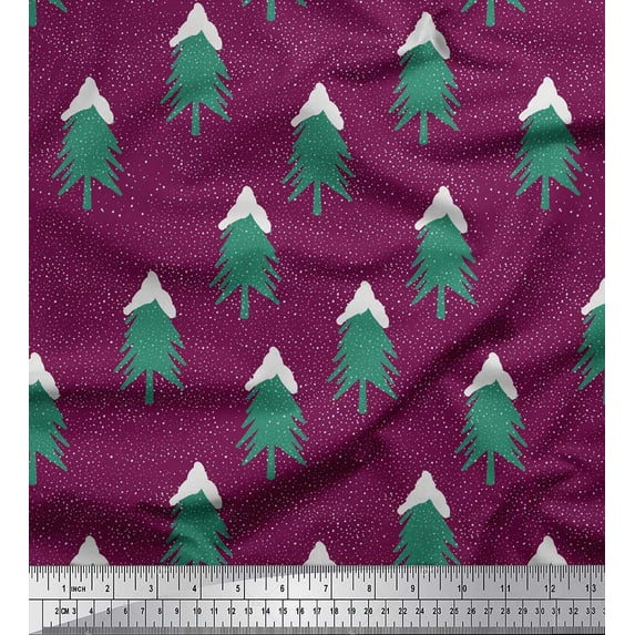 Soimoi Georgette Viscose Fabric Snow & Tree Christmas Printed Craft Fabric by The Yard 42 Inch Wide