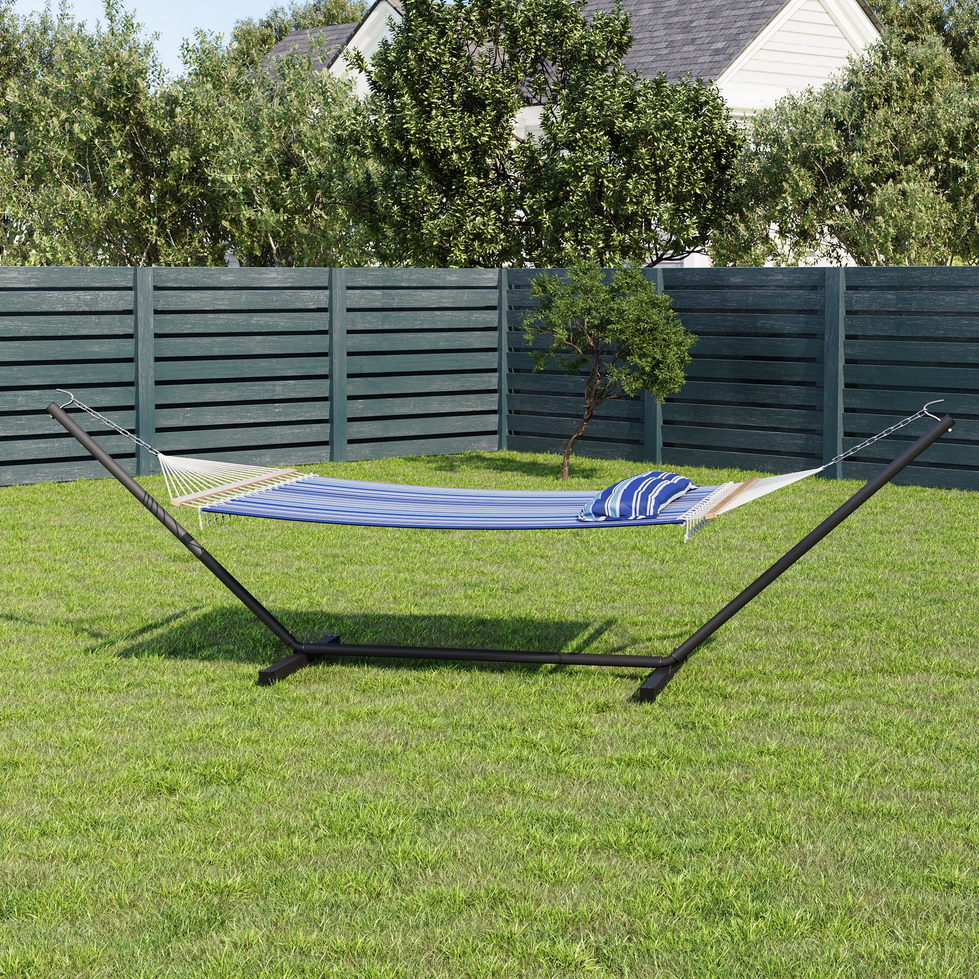 IdealHouse 57" Double Hammock with Heavy Duty Stand – 2 Person Hammock, Widening Cotton Fabric Design, 450 LB Capacity for Indoor & Outdoor Use (Blue)