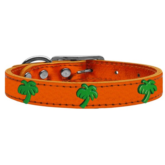 Green Palm Tree Widget Genuine Metallic Leather Dog Collar Orange 16