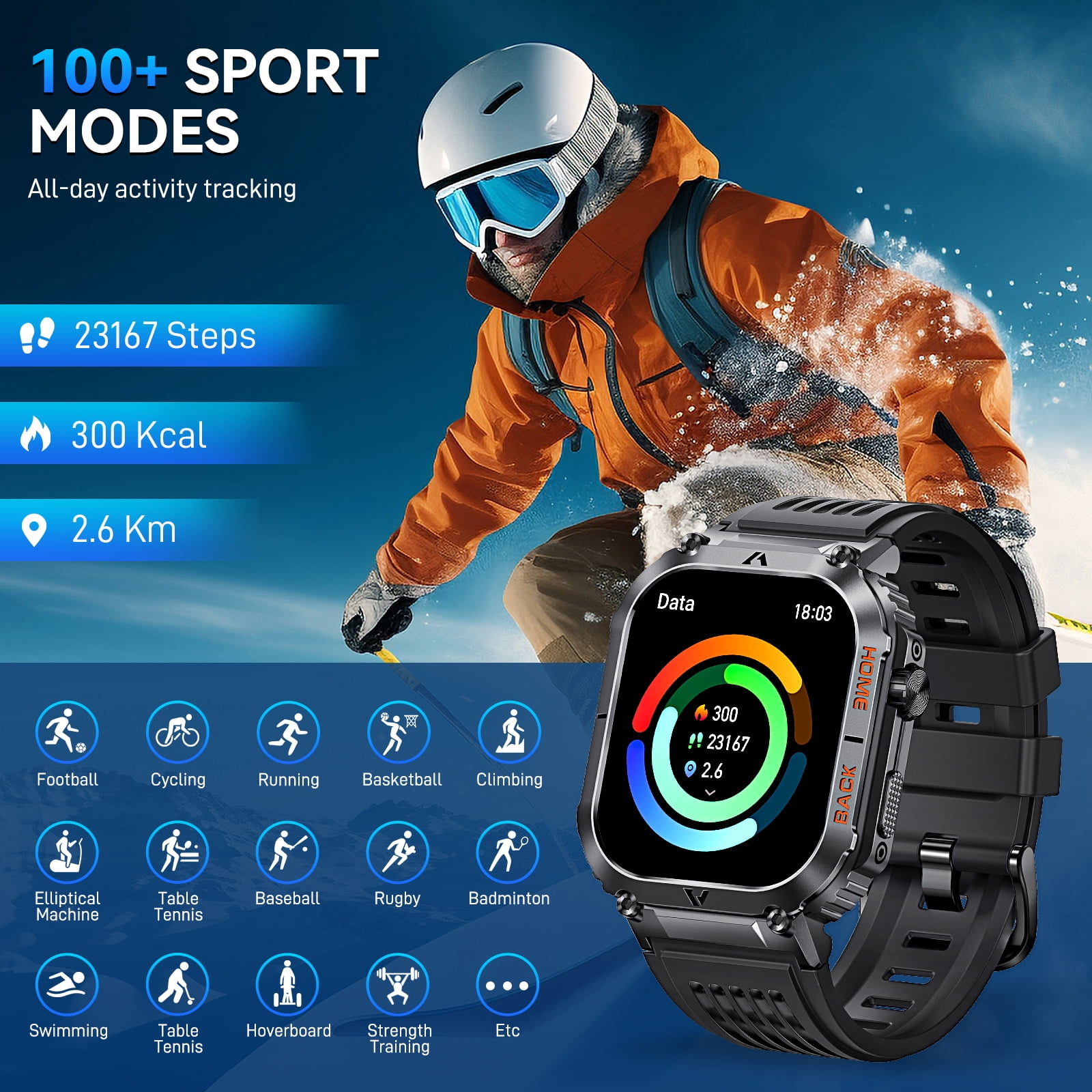 Cyberdyer Military Waterproof, Rugged, Compass Fitness 2.02" Black Case with Black Band Smart Watch