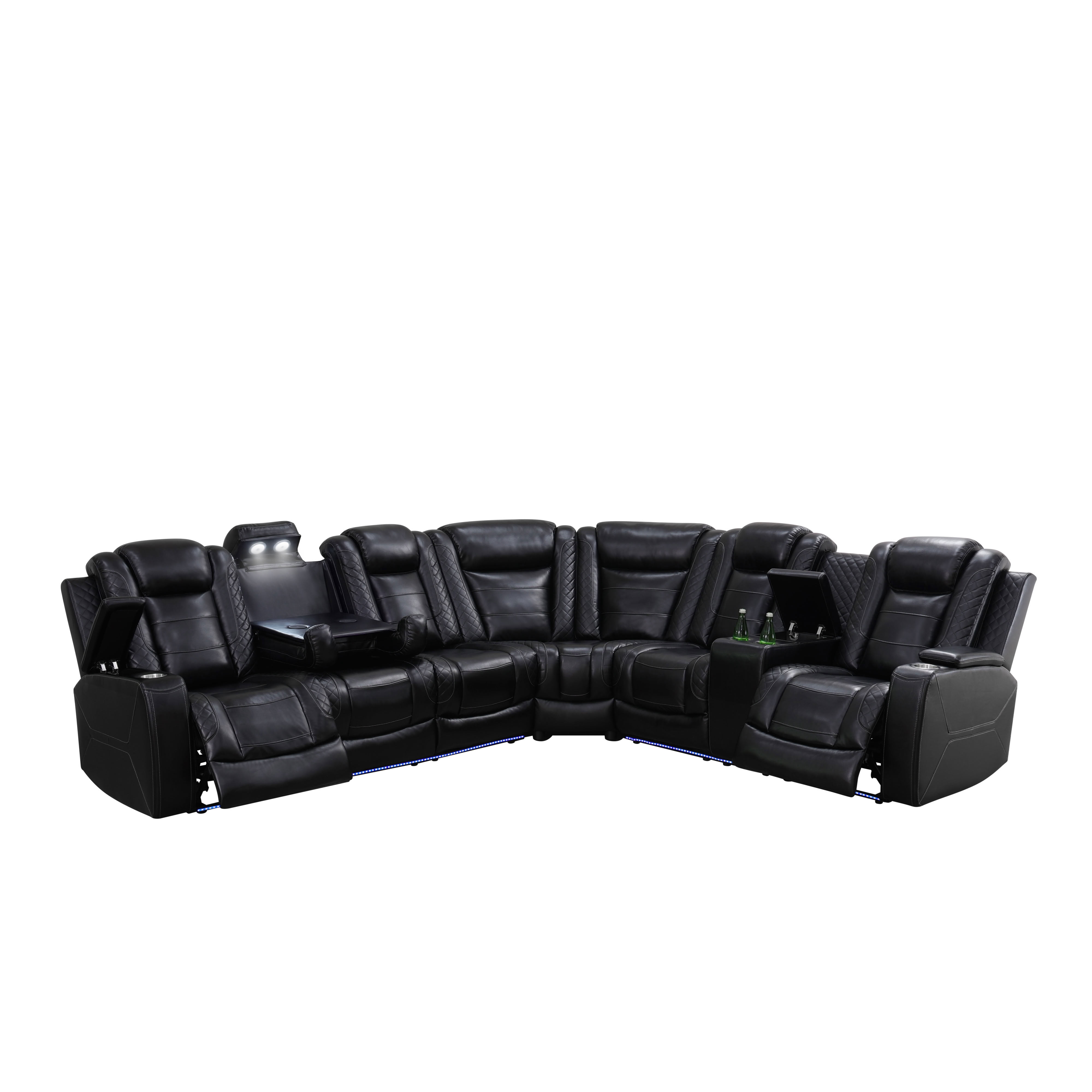 MAYEERTY Oversized Power Recliner Sectional Sofa, L-Shape Corner Couch with Wireless Charging, LED Lights & Storage Console, Breathable Leather for Living Room