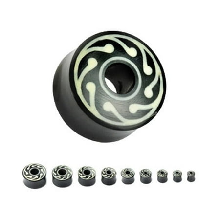 Bone Inlay Body Jewelry Tunnels - Pair Of Organic Horn Saddle Tunnels With Bone Inlayed Dust Flames,Gauge (Thickness):1/2