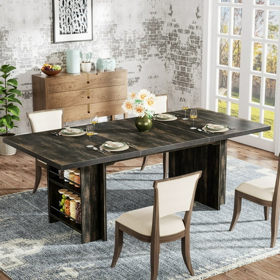 Finmind 63 Inch Dining Table with Storage, Rectangular Wooden Dinner Table for 4 to 6, Farmhouse Kitchen Table with Shelves for Kitchen, Living Room, Dining Room, Vintage Brown