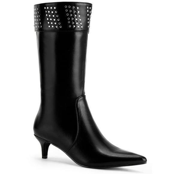 Unique Bargains Women's Pointed Toe Kitten Heels Knee High Boots Black (Size 7)