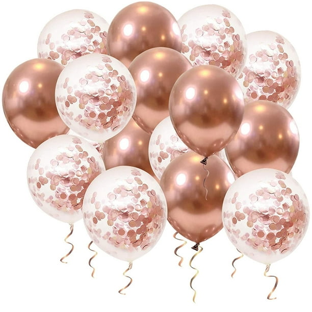 Globos cromados metálicos de oro rosa, paquete de 60 globos de confeti de oro rosa, globos de fiesta de látex premium con cinta para cumpleaños, bodas, baby shower, decoraciones de fiesta de