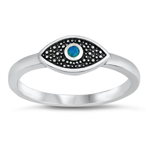 Round Blue Simulated Center Opal Beaded Evil Eye Ring Sterling Silver Size 5