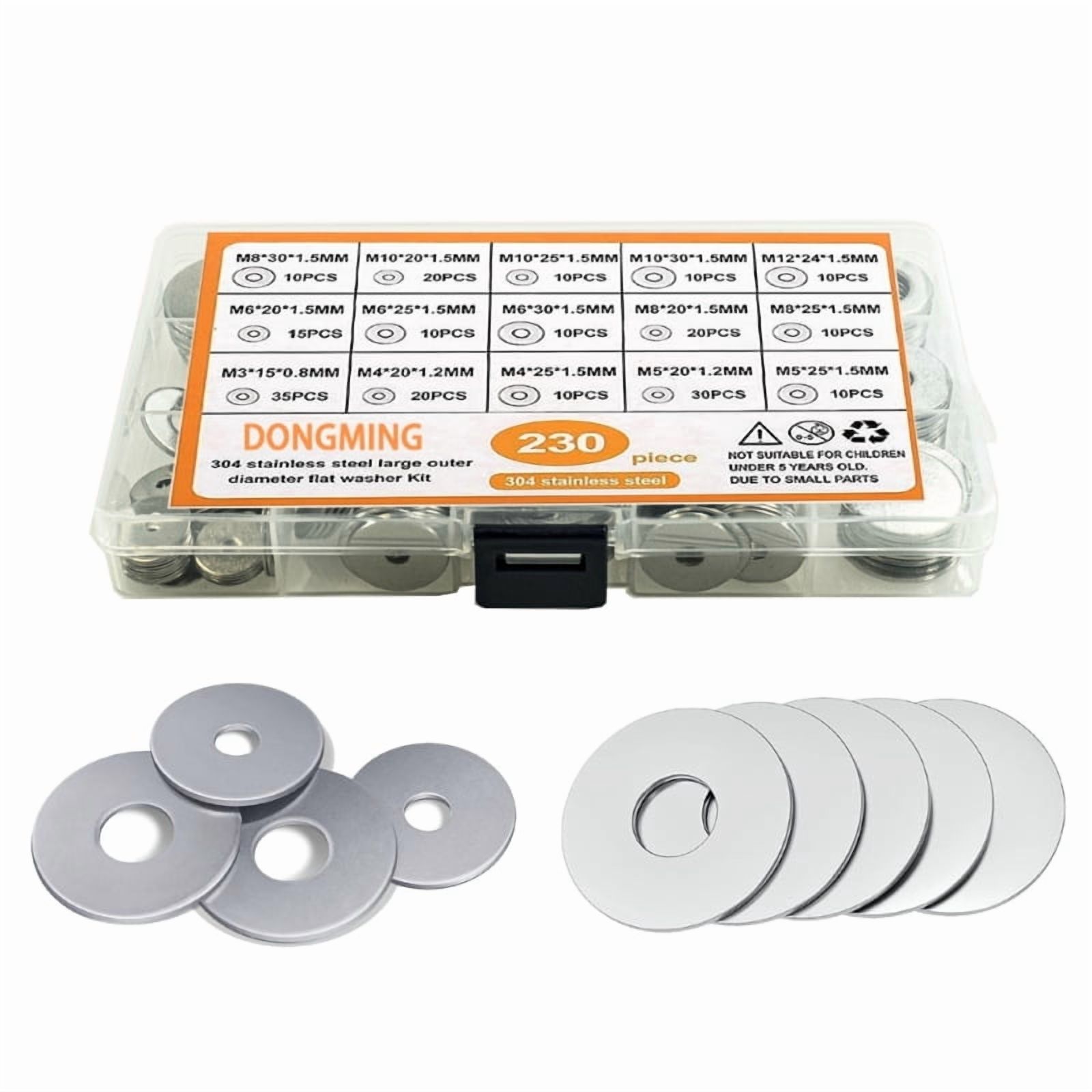 230Pieces Stainless Steel Flat Washers, 304 Steel Washer Pack Washers, Metal Washers Assortment Kit