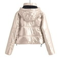 thumbnail image 5 of Shiny Puffer Jacket Women Cropped Zip Up Stand Collar Drawstring Long Sleeve Hooded Down Coat Zipper Pockets Solid Casual Fashion Outerwear Warm Winter Quilted Jackets 2025, 5 of 9