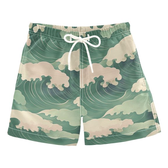 FORMRS Boys Swim Trunks Quick Dry Mesh Liner Boardshorts Sizes XS-XL, Green Wave Pattern