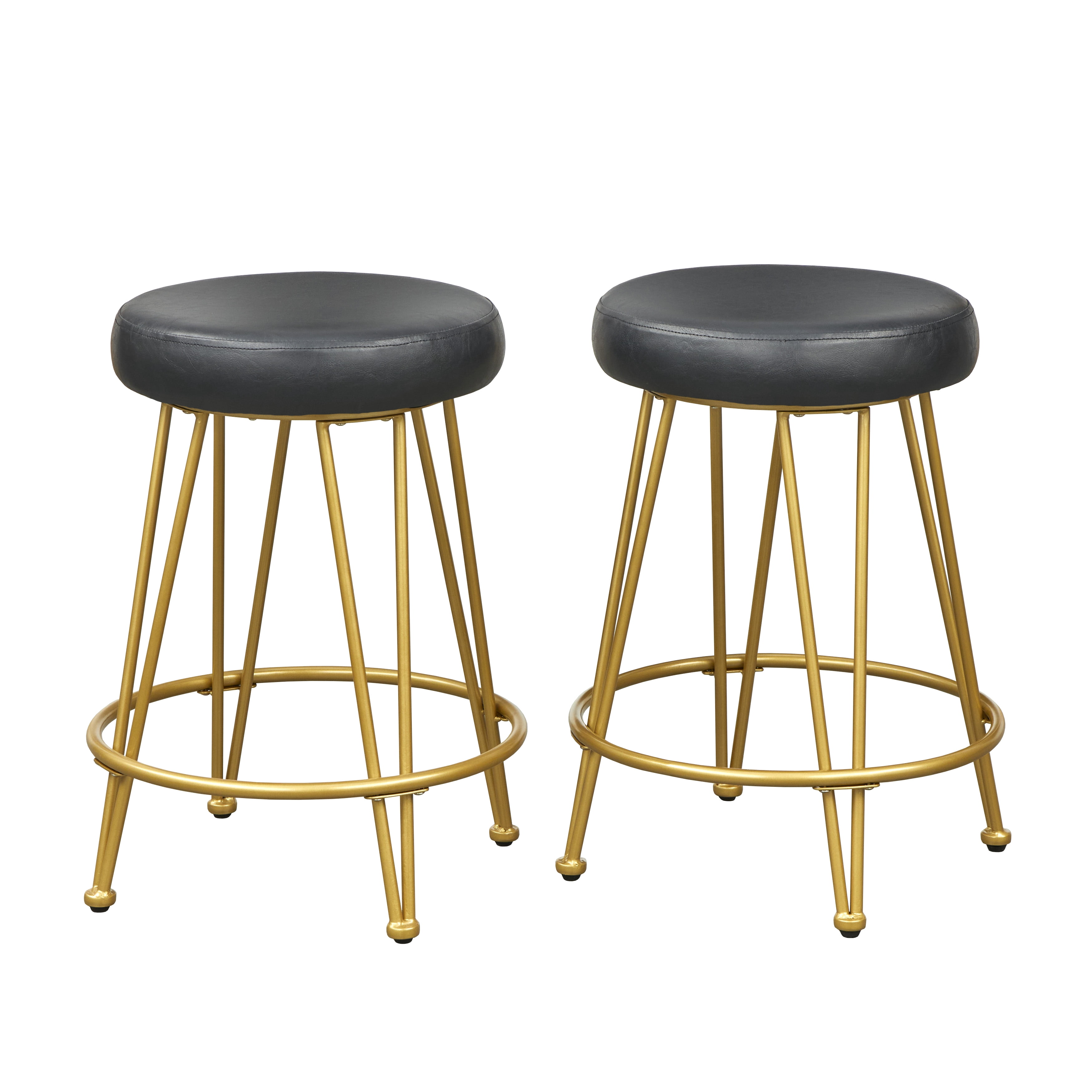 TMS Magnus Bar 24” High Backless Counter Stool, Set of 2, Black Faux Leather Seat/Gold Metal Frame