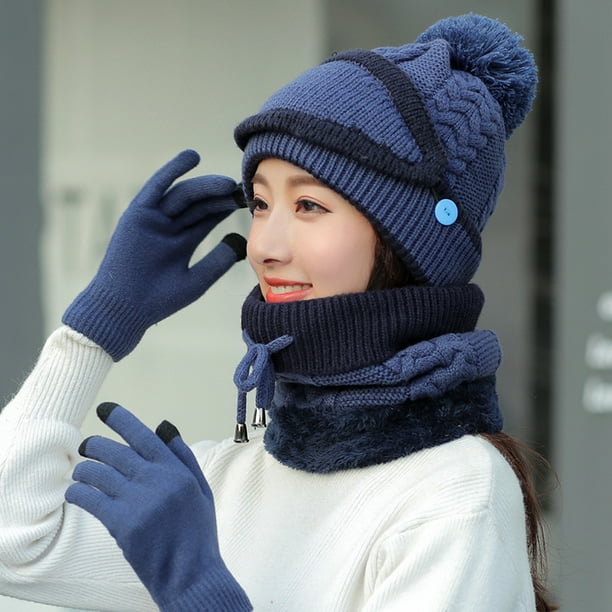 Hat Gloves Scarf Face Cover Set for Women Ladies Girls Knitted Beanie Cap Warm Thickened Touchscreen 4in1 with Gift Box Hiking Navy Blue