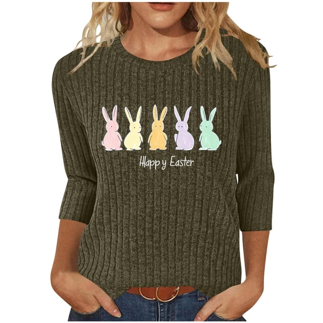 Camiseta de Cuello Redondo Impresa Casual de Manga 3/4 de Mujer Y Blusas, Tops de Moda de Otoño E Invierno