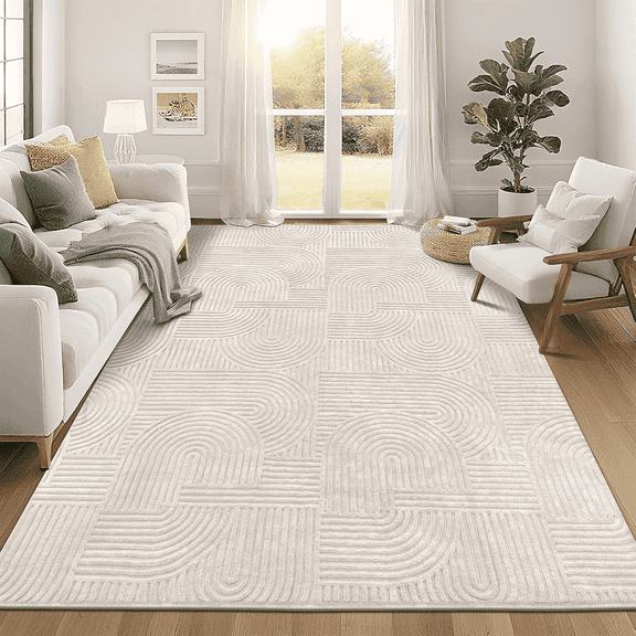 8' x 10' Geometric Beige Area Rug Washable, Durable Non-Slip Indoor Carpet with Soft High-Low Pile, Fluffy Floor Rugs for Living Room, Bedroom, Home Office Décor
