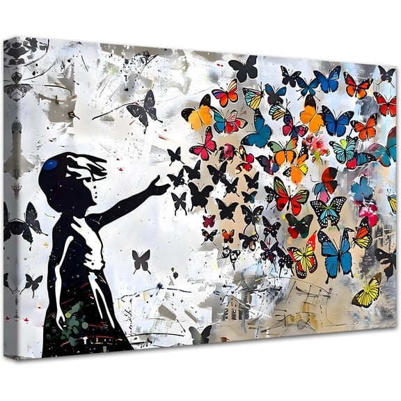 Aaheei Colorful Butterfly Graffiti Canvas Wall Art Artwork Girl and Butterflies Graffiti Poster Prints Street Art Banksy Wall Decor for Living Room Bedroom Decor Ready to Hang 12x16