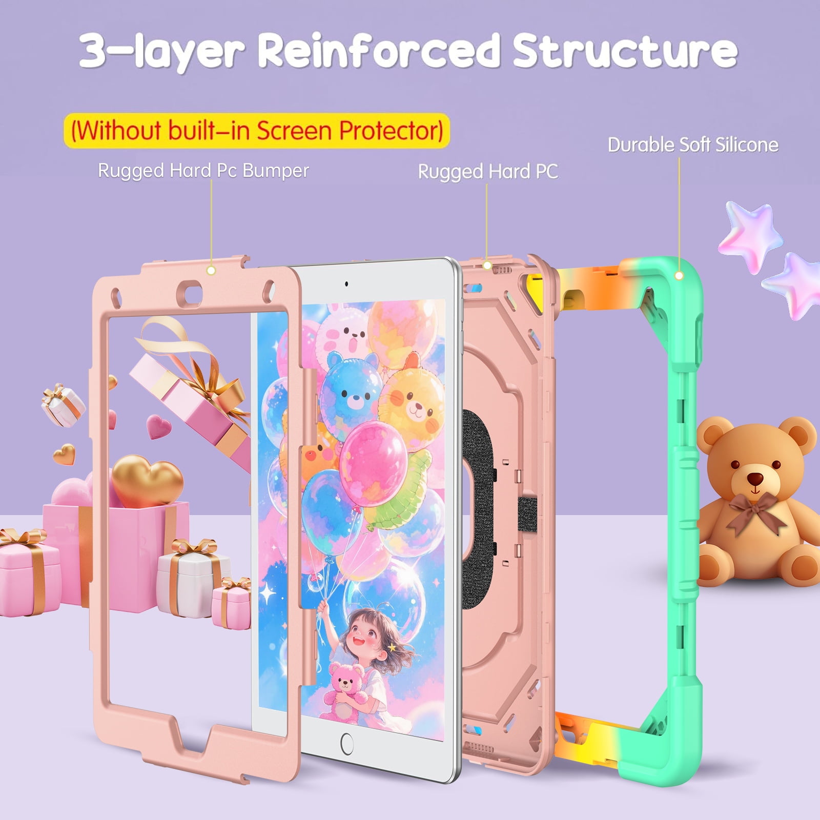 YINLAI iPad 9th Gen Case with Pencil Holder & Kickstand,Compatible with iPad 10.2 Case,Hybrid Shockproof Protective Case for iPad 9/8/7 Gen（2021/2018/2017）,Multicolor+Pink