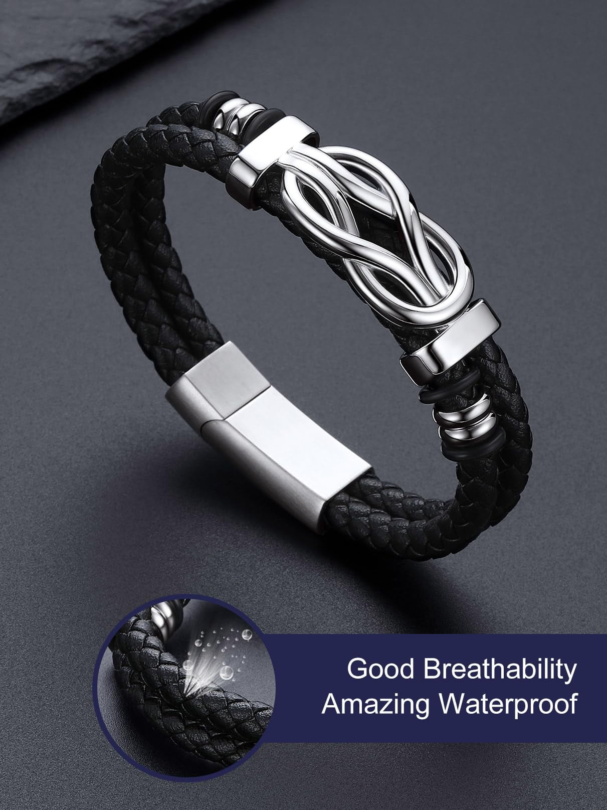 Bandmax 8.26'' Black Leather Bracelet for Men Infinity Knot Leather Cuff Love Link Bracelet Gift with Card for Your Man Boyfriend Valentine Father's Day Birthday