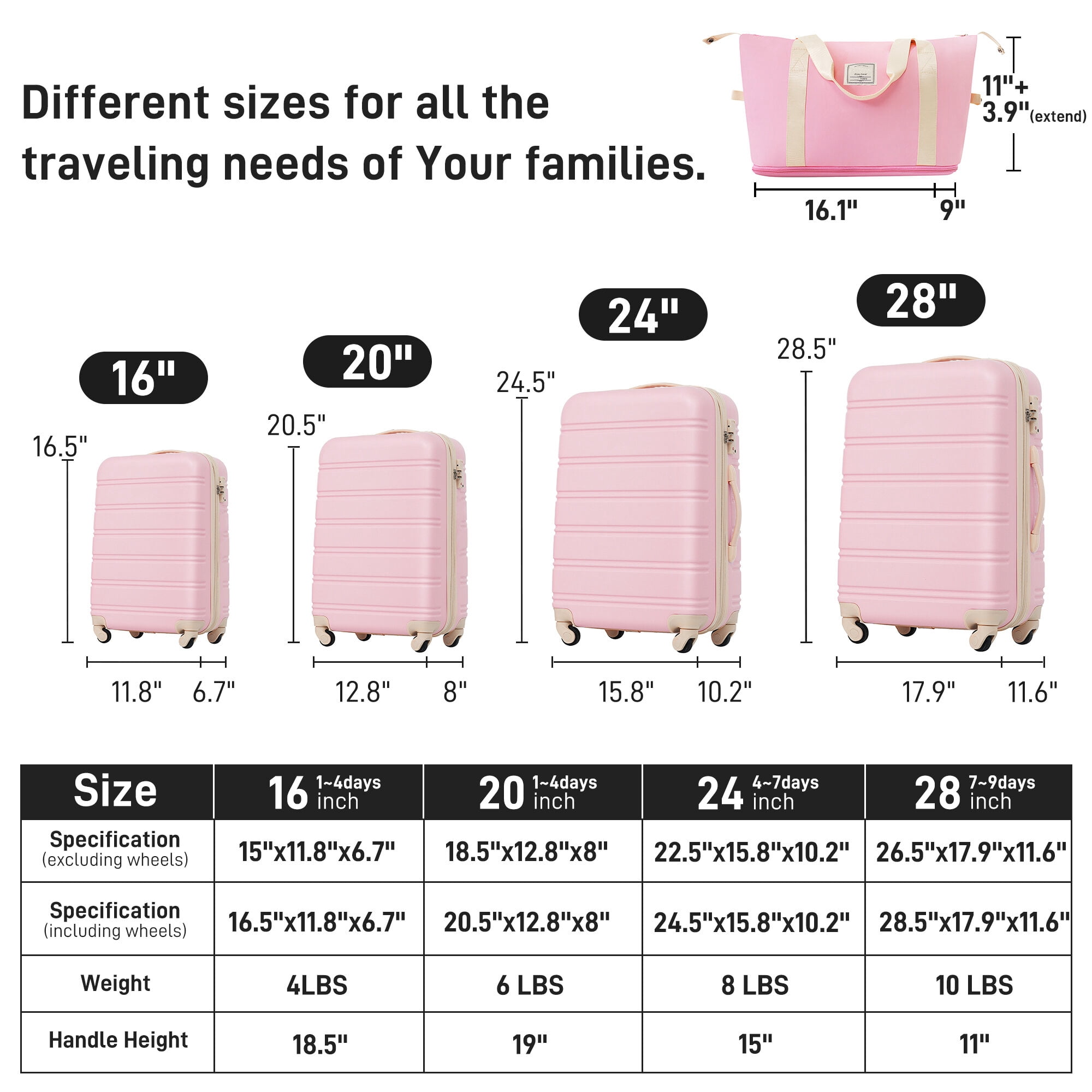 Hardside Suitcase, Hardshell Luggage Sets 4 pcs + Bag Spinner Suitcase with TSA Lock Lightweight-16"+20"+24"+28" Luggages, Light Pink Hardside Luggage,Abs Hardside Checked Luggage