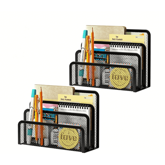 TWGRNF Desk Mail Organizer, 2 Pack Metal Mesh Desk File Holder, Multi-Compartment Desk Caddy for Office Home Letter Bill Document Storage, Black