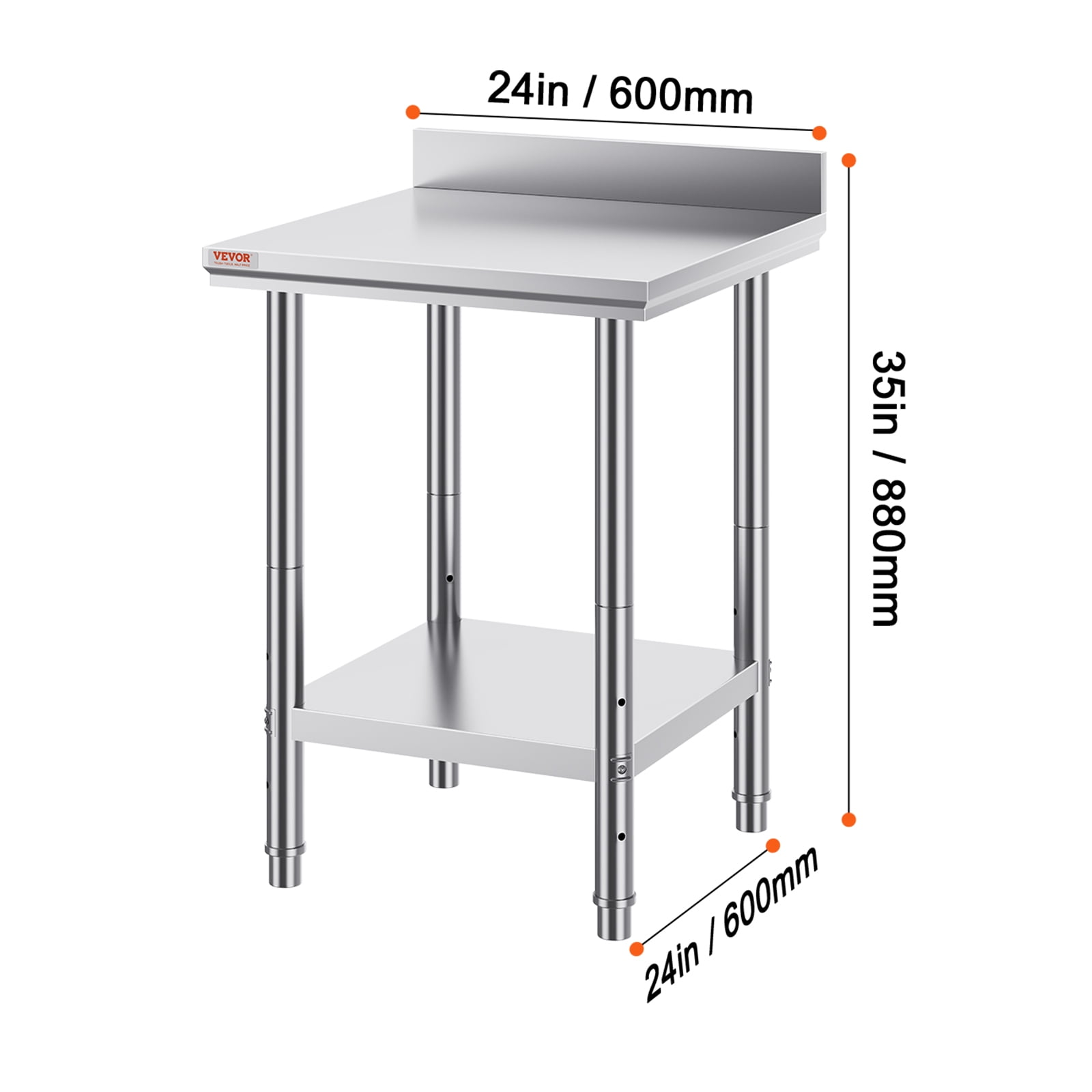 VEVOR 24 x 24 x 35 Inch Stainless Steel Work Table, Commercial Food Prep Worktable Heavy Duty Prep Worktable, Metal Work Table with Adjustable Height for Restaurant, Home and Hotel