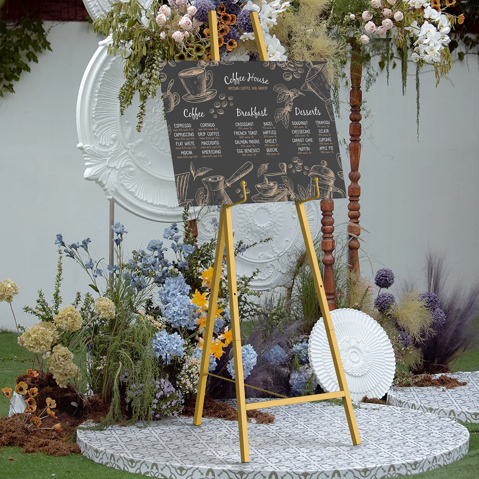 55.1" Tall Gold Metal Easel Stand, Adjustable Display Easel for Painting, Wedding Signs, Posters, Art Shows