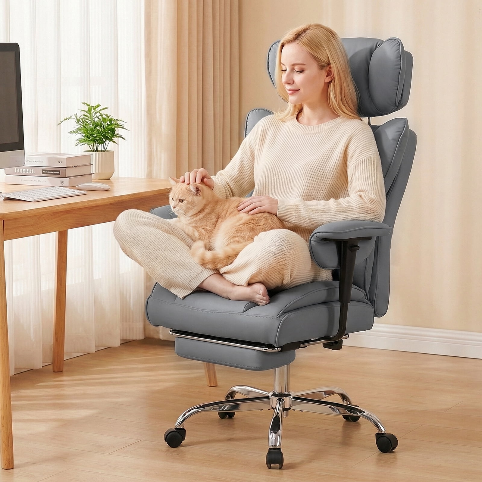 CONCETTA Ergonomic Office Chair 400LBS for Big & Tall, Heavy Duty Desk Chair with Reclining Back, Footrest, Luxurious PU Leather, Gray