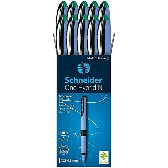 Schneider One Hybrid N Rollerball Pen, 0.5 mm Hybrid Needle Tip, Light Blue Barrel, Green Ink, Box of 10 Pens (183504)