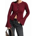 thumbnail image 2 of Chandail Tendance pour Femmes Col Rond Côtelé Crop Bell Manches Longues Ouvert Chemise Automne Rouge Vin P, 2 of 7