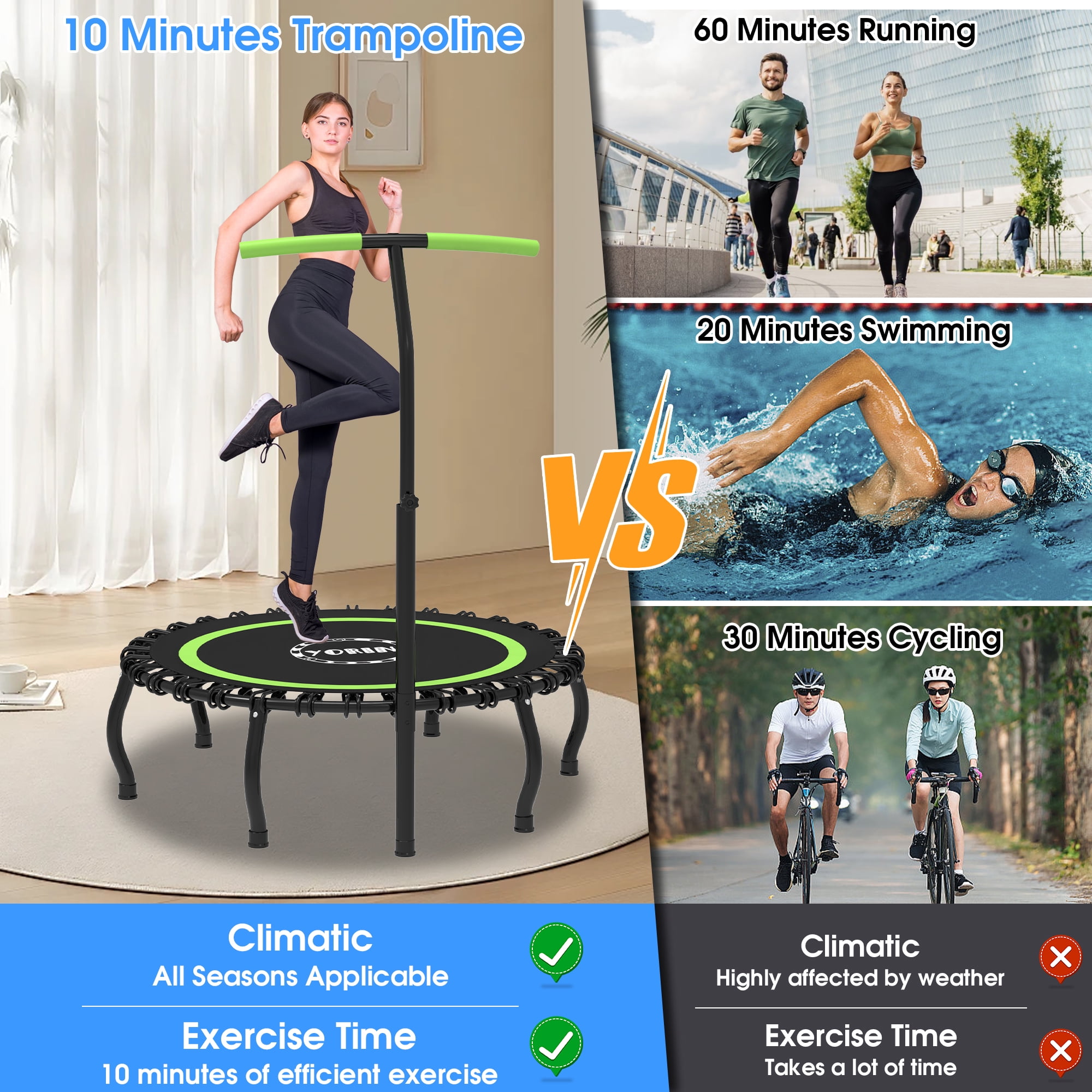 YORIN Rebounder Foldable Trampoline for Adults, 330LBS Fitness Indoor Trampoline, 40" 48" 50" Mini Exercise Trampoline with Bungees, 3 Level Adjustable Foam Handle Bar, Stable Quiet Small Trampoline