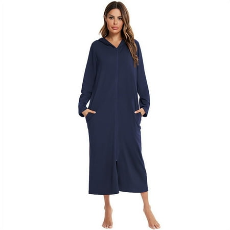 

Women Robes Zipper Front Short Sleeve Full Length Housecoat with Pockets Loungewear
