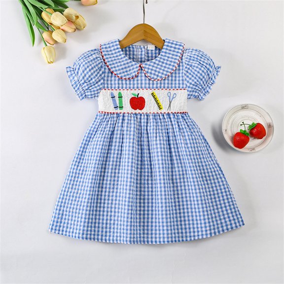 CUZIBR Girls Baby Classic Dresses Plaid Floral Embroidery Checkered Summer A-Line Dress Peter Pan Collar Short Puff Sleeves Comfortable Casual Outfit Fashionable Dailywear,Blue,2-3 Years