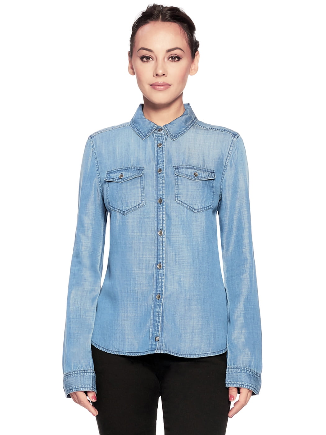 Women's Denim Blouse Button Down Blue Jean Tencel Long Sleeve Western ...