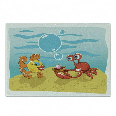 

Engagement Party Cutting Board Under the Sea Cartoon Fish and Crab with Sand Pearl Proposing Decorative Tempered Glass Cutting and Serving Board Small Size Yellow Red and Blue by Ambesonne