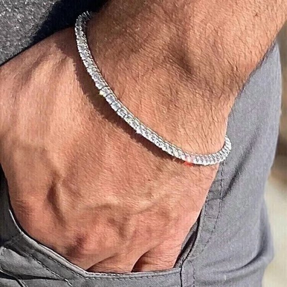 4mm Men's Tennis Bracelet 14K White Gold Plated Silver 7Ct Round Cut Lab Created Diamond
