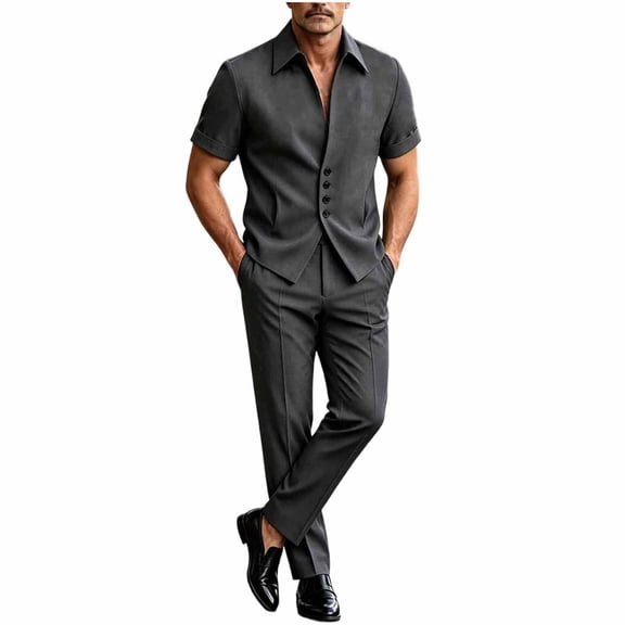 Men 2 Piece Suits Set Button Stand Up Collar Short Sleeves Tops Long Pants Solid Color Casual Business Outfit Dark Gray M