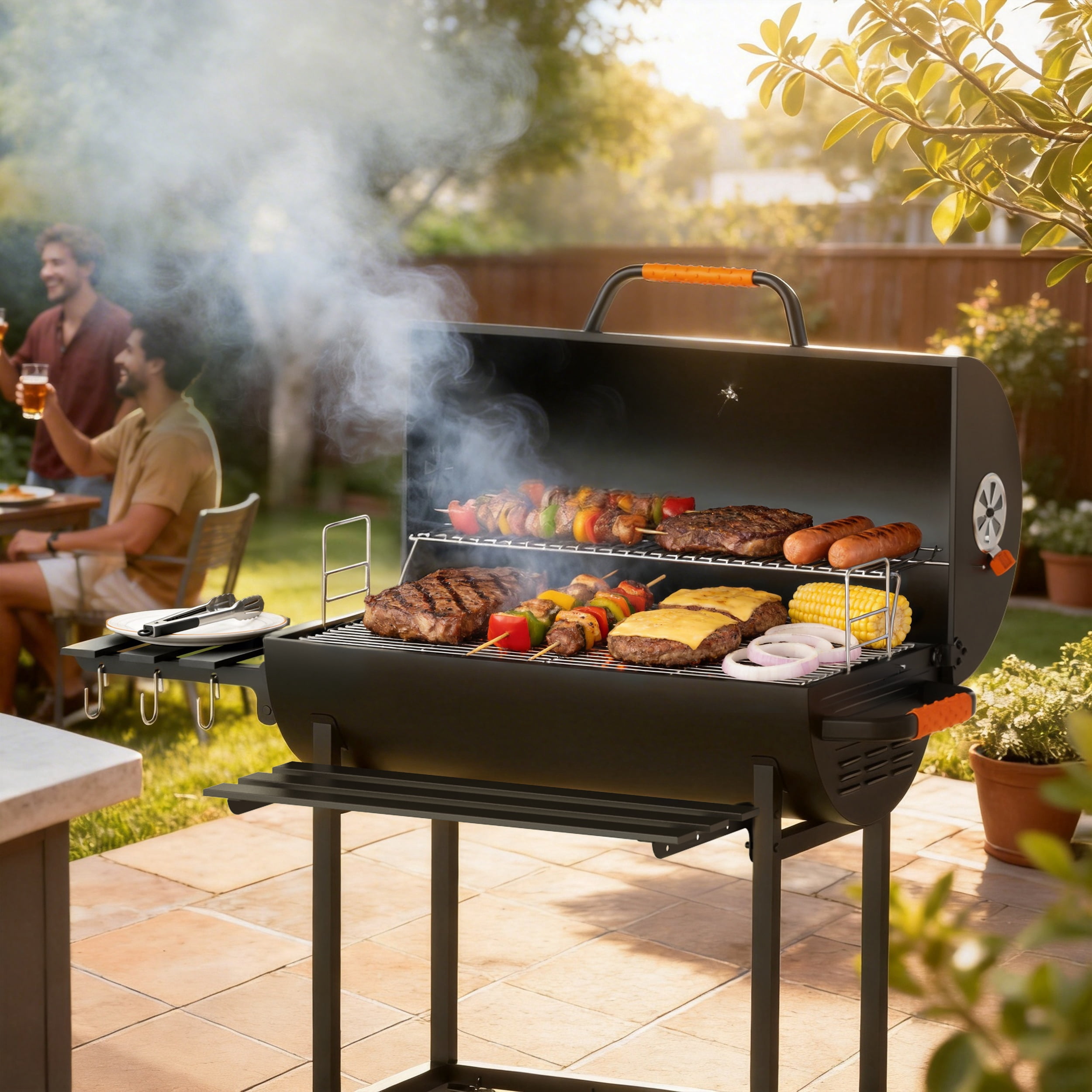 KEYO GRILL 537 SQ in Charcoal Grill with Adjustable Height Charcoal Pan, Foldable Side Shelf for Backyard, Black