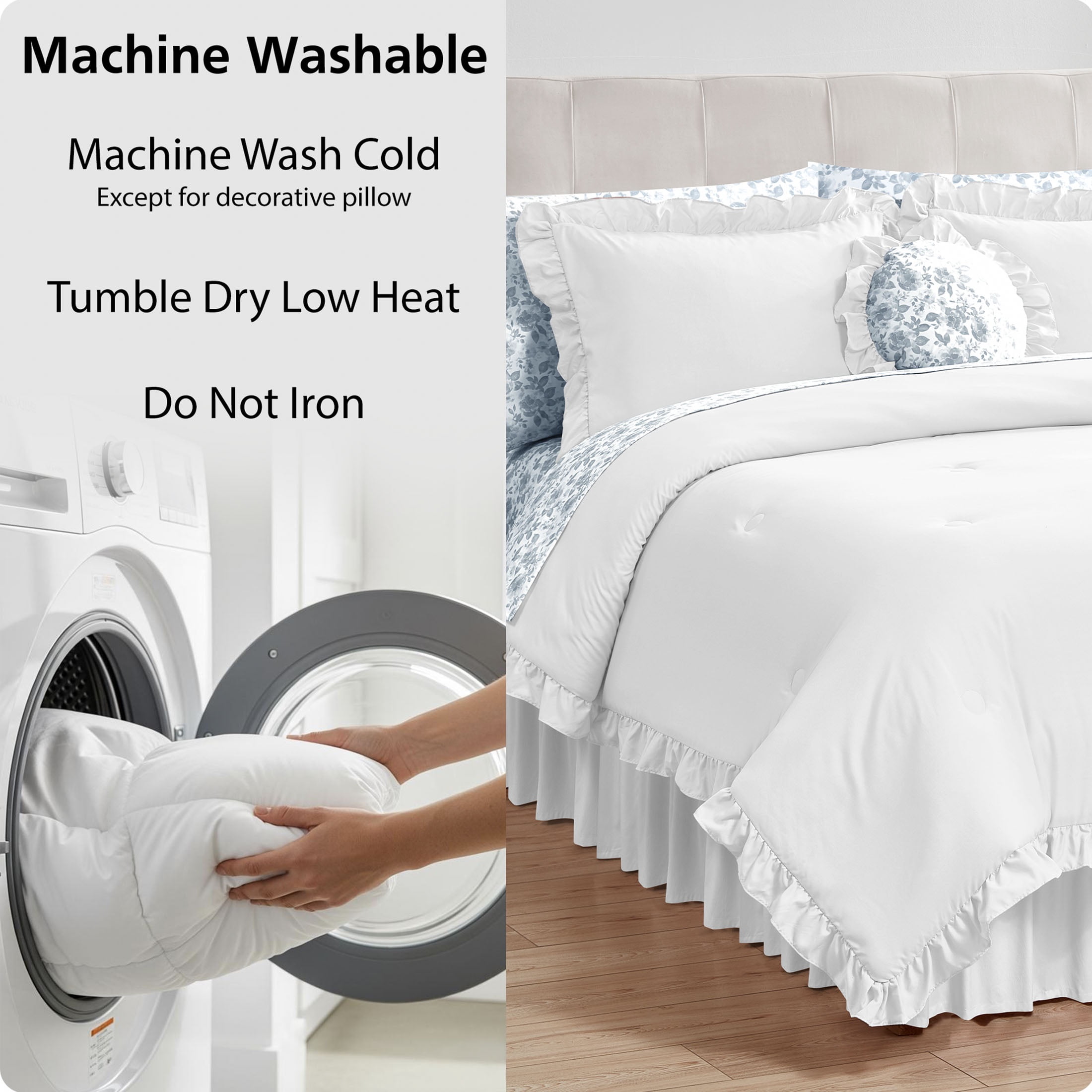 Mainstays All in One Reversible Comforter and Sheet Set- 11 Piece, Full, White and Blue Ruffle