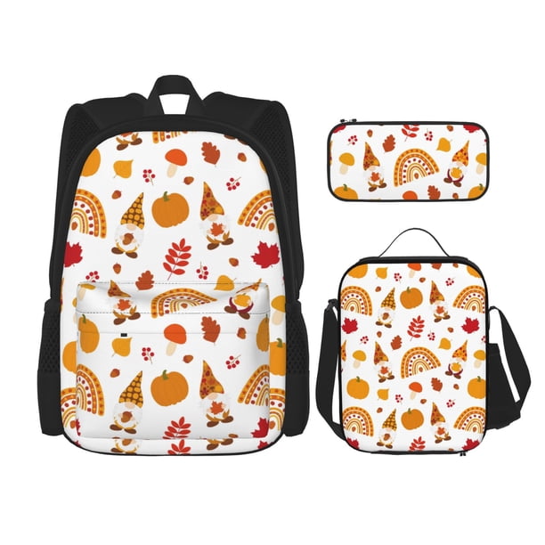 Disketp Fall Gnomes Harvest Mochila Estampada de Gran Capacidad con Lonchera y Estuche, Set de 3 Piezas para Estudiantes