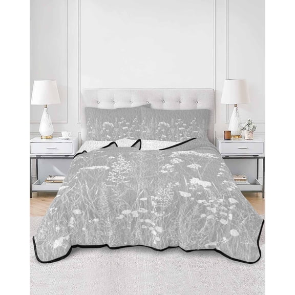 Quilts King Size, Grey Spring Floral Soft Comforter Bedding Set for Bed, Elegant Pastoral Flowers Lightweight Quilted Bedspread with Pillow Cover(2 Pieces) for All Season, 96x106 Inch