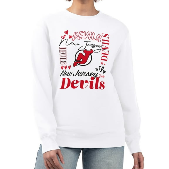 Women's G-III 4Her by Carl Banks White New Jersey Devils Collage Graphic Fleece Long Sleeve Pullover Sweatshirt