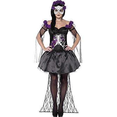 smiffy's women's day of the dead senorita costume, printed top, skirt, rose headband and latex mask, day of the dead, halloween, size 10-12, 43737