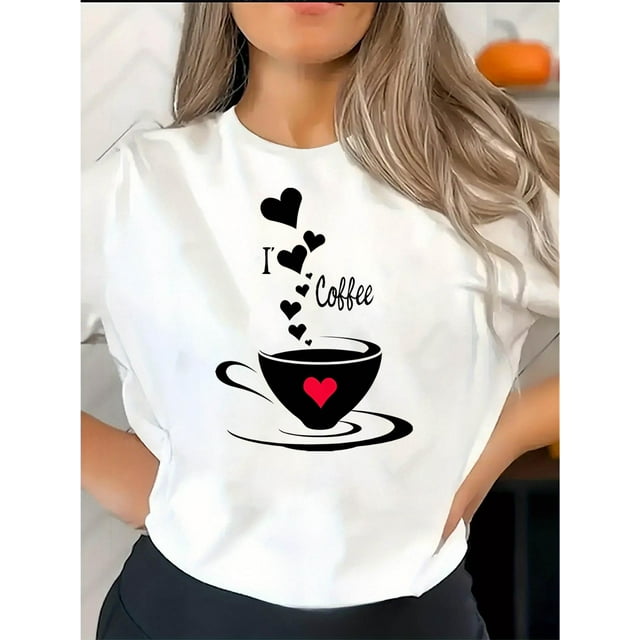 Creative English Heart Coffee Pattern Printed Women'S Fashionable Round Neck Short Sleeve, Simple Casual Sports T-Shirt, Comfortable Summer Top for Women During Holidays.